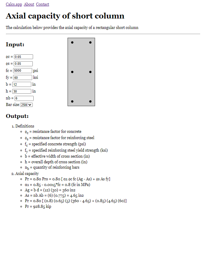 tool to calculate the axial capacity of a concrete column